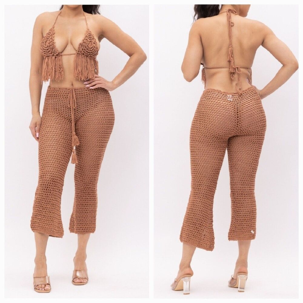 Julia By Love J Crochet Swim Cover Set Open Knit Fringe Bra Drawstring Pant L/XL